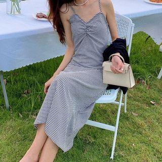Set: Spaghetti Strap Plaid Dress + Cardigan