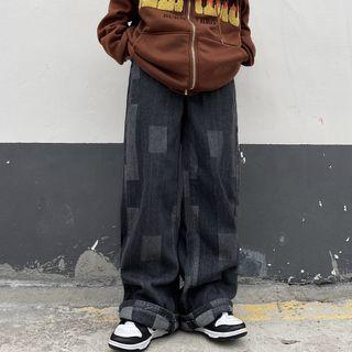 Color Block Plaid Wide-leg Jeans
