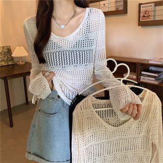 Long-sleeve V-neck Cut-out Knit Top