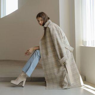 [black Label] Woolen Plaid Trench Coat