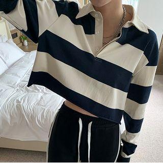 Long-sleeve Polo-collar Cropped Striped Sweatshirt