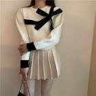 Bow Accent Sweater / Mini A-line Pleated Skirt
