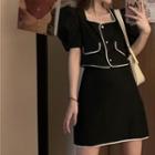 Puff-sleeve Contrast Trim Blouse / Mini Pencil Skirt