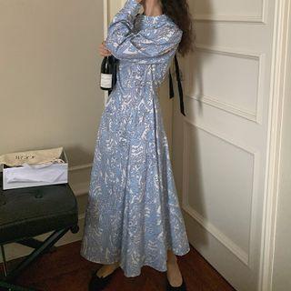 Long-sleeve Paisley Print Midi A-line Dress Blue - One Size