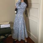 Long-sleeve Paisley Print Midi A-line Dress Blue - One Size