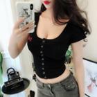 Short-sleeve Embroidered Buttoned Crop T-shirt