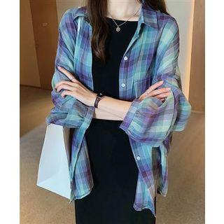 Front Pocket Check Long-sleeve Button-down Shirt