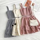 Set:color-block Plaid Strap Top + High-waist Ruffled-trim Skirt