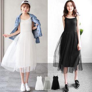 Sleeveless Mesh Overlay Midi Dress