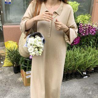 Collared Long-sleeve Maxi Knit Dress