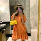 Shirred Loose-fit Short-sleeve Dress Orange - One Size