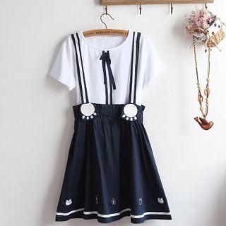 Set: Short-sleeve T-shirt + Mini A-line Suspender Skirt