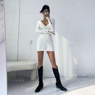 V-neck Plain Skinny Mini Dress