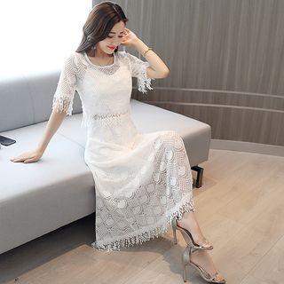 Set: Lace Top + Plain Midi Dress