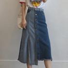 Asymmetrical Two-tone Denim Midi A-line Skirt