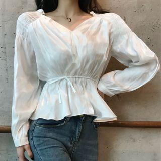 Bow Detail V-neck Long-sleeve Peplum Top
