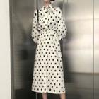 Polka Dot Tie-neck A-line Midi Dress As Shown In Figure - One Size