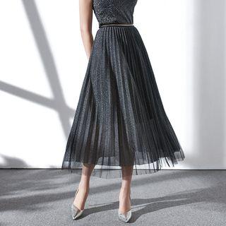 Mesh Overlay Metallic Midi Pleated Skirt Siliver Black - One Size