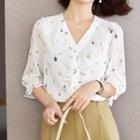 Elbow-sleeve Fruit Print Ruffle Blouse