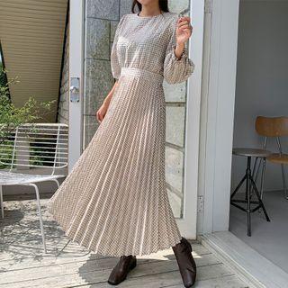 Tie-waist Gingham Pleated Dress
