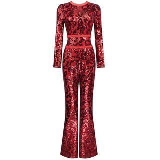 Long-sleeve Lace Sequined Boot-cut Jumpsuit