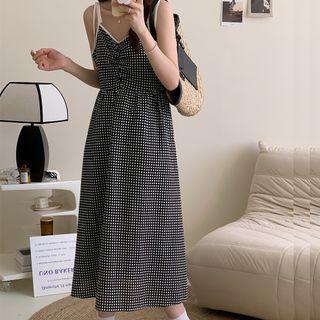 Spaghetti Strap Plaid Ruched Dress Black - One Size