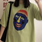 Crew-neck Print Loose-fit T-shirt Green - One Size