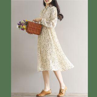 Floral Print Long-sleeve Midi A-line Dress