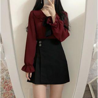 Long-sleeve Ruffle Tie-neck Blouse / A-line Mini Skirt