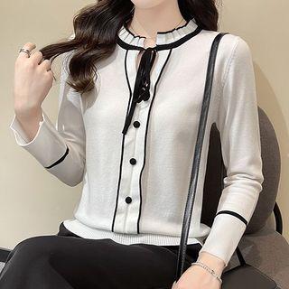 Tie-neck Contrast Trim Buttoned Knit Top