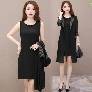 Set: Sleeveless Mini Sheath Dress + Glitter 3/4-sleeve Jacket