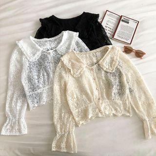Plain Peter-pan Collar Long-sleeve Lace Blouse