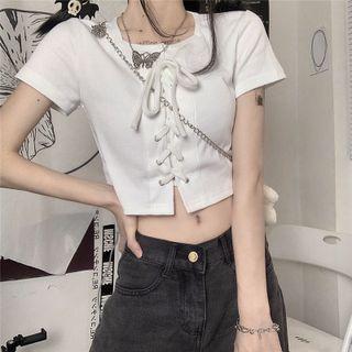 Short-sleeve Square Neck Lace-up Cropped Top