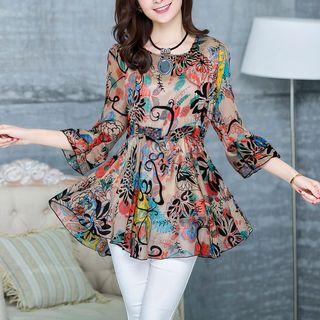 3/4-sleeve Printed Frill Trim Chiffon Top