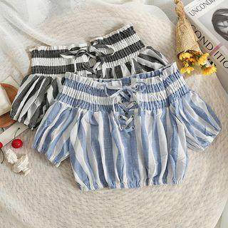 Off-shoulder Striped Lace-up Crop Top