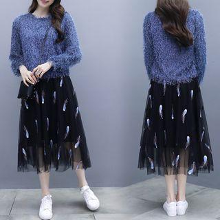 Set: Plain Sweater + Feather Embroidered Midi Mesh Skirt