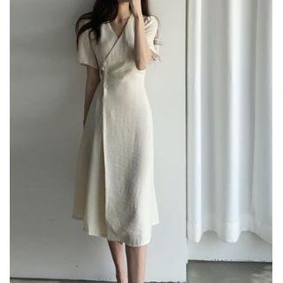 Short-sleeve Button Midi A-line Wrap Dress