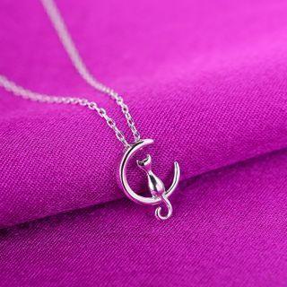 Cat & Moon Pendant Sterling Silver Necklace Necklace - Cat - Silver - One Size