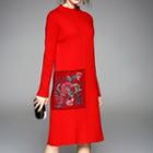 Flower Embroidered Mesh Panel Long Sleeve Knit Dress