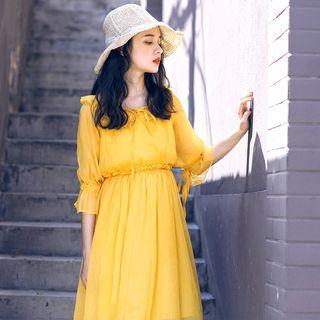 Ruffle Elbow-sleeve Midi A-line Dress