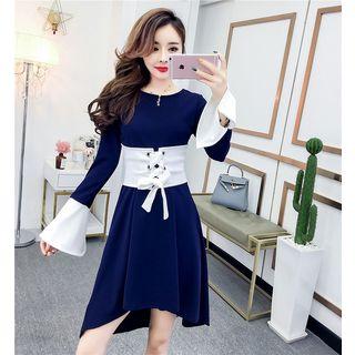 Bell-sleeve Dip Back A-line Dress With Girdle
