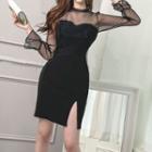 Long-sleeve Mesh Panel Slit Mini Bodycon Dress