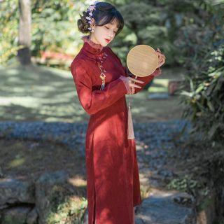 Long-sleeve Midi Qipao / Pleated Midi A-line Skirt