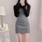 Set: Long-sleeve Top + Ribbed Knit Overall Dress