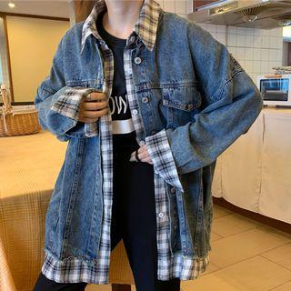 Mock Two-piece Plaid Paneled Buttoned Denim Jacket Blue - One Size