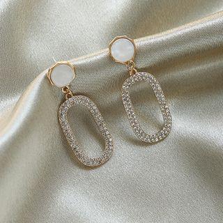 Rhinestone Oval Hoop Earrings 1 Pair - Gold & White - One Size