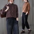 Floral Mock Turtleneck Long-sleeve Blouse
