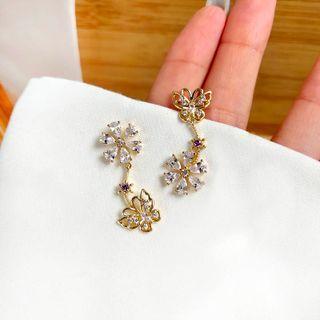 Rhinestone Floral Sterling Silver Ear Stud 1 Pair - Gold - One Size