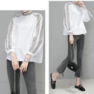 Long-sleeve Embroidered Mock-neck Blouse