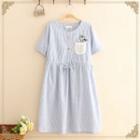 Cat Patch Pinstripe Short-sleeve Dress Blue - One Size